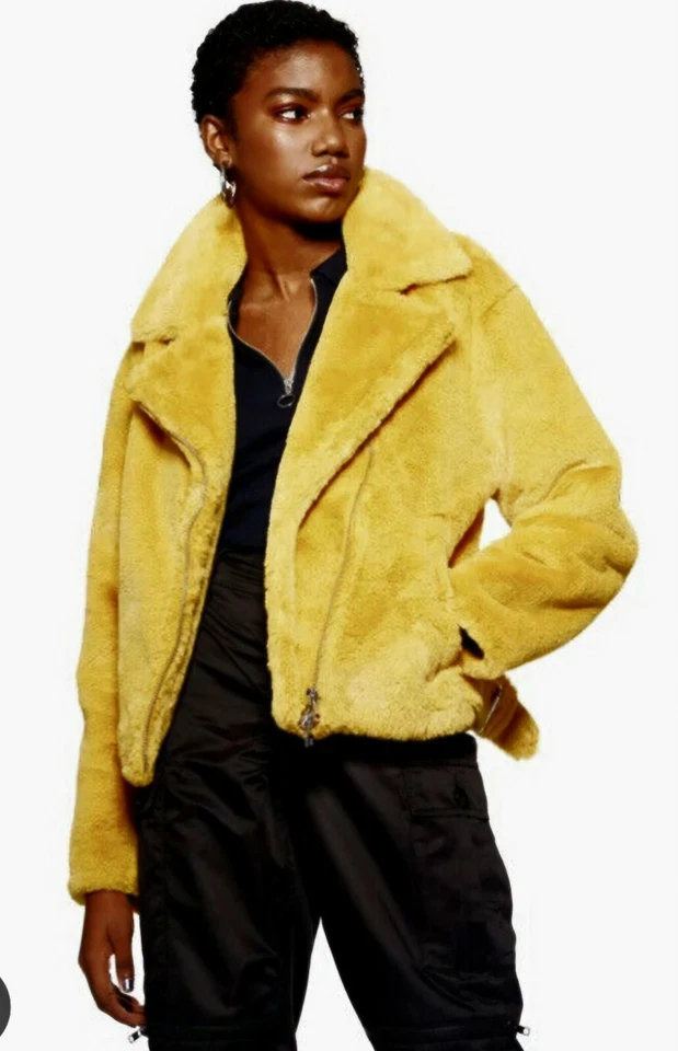 Jaqueta de pele sintética feminina Topshop jaqueta de motociclista amarelo mastardo tamanho Reino Unido 12 NOWT - Imagem 1 de 4