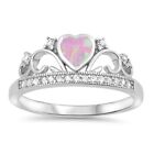 Pink Lab Opal Heart Clear CZ Princess Crown Tiara Ring .925 Sterling Silver Band