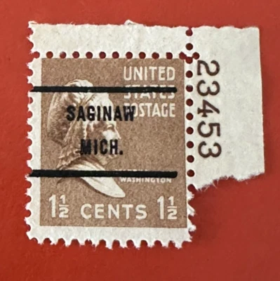 SAGINAW MICH Michigan MI PRECANCEL w/ Plate # ~   Sc 805 Prexy 1 1/2c Washington - Image 1 of 2