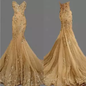 Abiti da sera a sirena dorati lunghi con perline festa ballo sfilata abiti formali paillettes - Foto 1 di 3