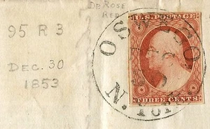 3c ROJO ROSA SC #11 ATADO POR GRIS CIRCULAR 30 DE DICIEMBRE 1853 OSWEGO, CUBIERTA DE SELLO DE DATOS DE NUEVA YY - Imagen 1 de 2