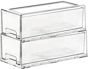 Stackable Storage Drawer Pull Out Plastic Food Fridge Organizer Bins Clear 2Pack - Picture 1 of 6