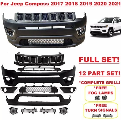 Front Bumper Set For Jeep Compass 2017 2018 2019 2020 2021 Upper Lower Grill Fog - Image 1 of 3