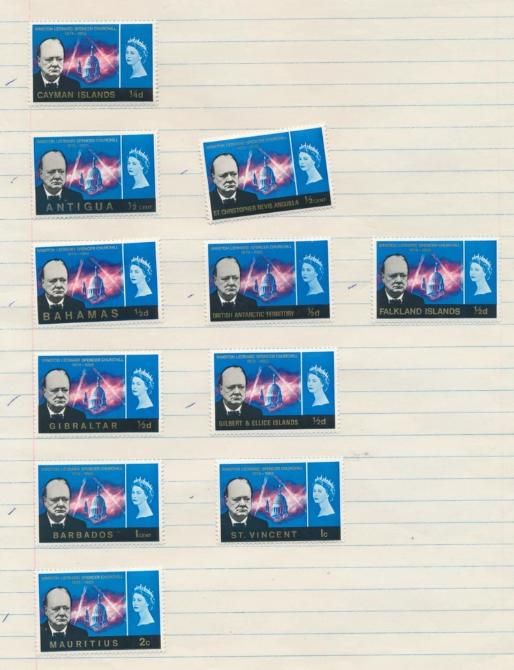 Lote de 11 selos de territórios britânicos em memória de Winston Churchill todos em perfeito estado, oi - Imagem 1 de 1
