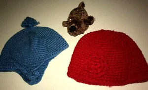 2 baby girls HAND MADE KNIT HATS winter wear SOLID RED BLUE flower pom pom WARM  - Picture 1 of 2
