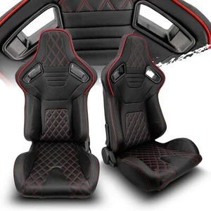 Asientos de carreras estilo Recaro izquierdo/derecho de cuero PVC/tira azul/puntada roja negro - Imagen 1 de 8
