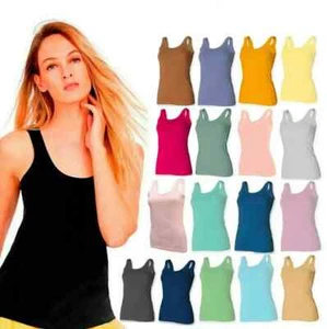 Pack of 2 Women Ladies Scoop Neck Sleeveless Long Stretch Plain Vest T-shirt Top - Picture 1 of 17