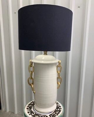 Bradbury Gallery Nautical Gold Leaf Chain Link Coastal White Blue Ceramic Lamp - Image 1 of 4