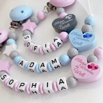 Schnullerkette mit Namen Kleines Wunder Der Welt u. Stern . Rosa , Blau , Grau - Bild 1 von 4