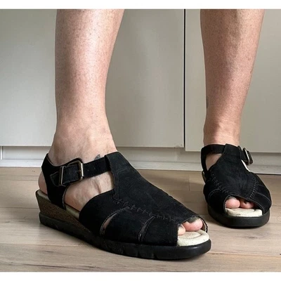 Sandalias Hurrache de cuero vintage años 90 talla 10 cómodas gamuza negras  Foto 1 de 4