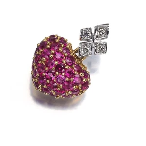 Auth KASAHARA MASUMI Pendant Ruby 0.60ct Diamond Heart Paved 18K YG/WG - Picture 1 of 5