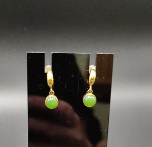 Pendientes, Plata de Ley 925 Natural Jade Verde Suerte Redondos, Pendientes Colgantes - Imagen 1 de 6