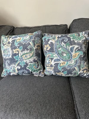 Allen &Roth decorative pillows in denim blue with teal and yellow paisley design - Image 1 of 4