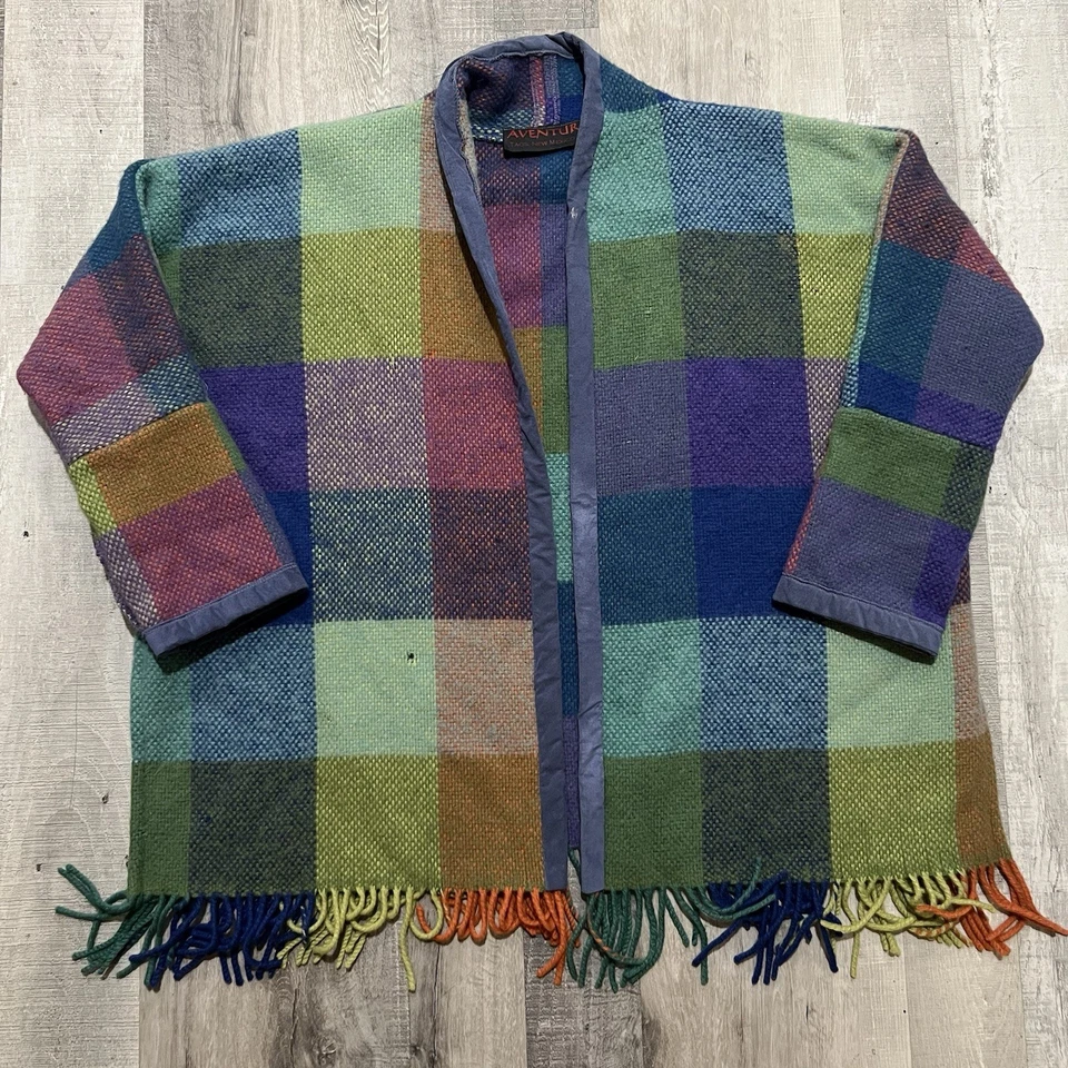 Suéter Boho De Colección Aventura Taos Nuevo México Frente Abierto Lana a Cuadros Colorido Flecos Foto 1 de 4