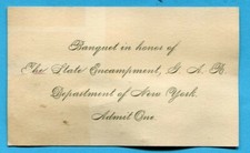 GAR ADMIT ONE CARD DEPT OF NY BANQUET  STATE ENCAMPMENT MAJ ABEL G COOK SYRACUSE