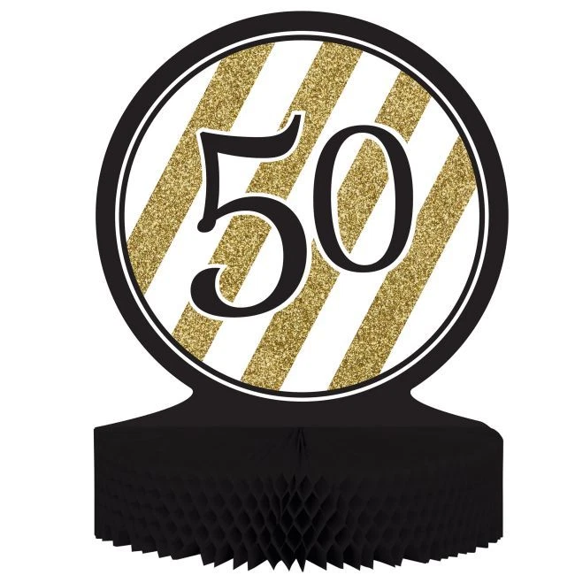 Black and Gold 50th Birthday Honeycomb Centerpiece 12" x 9" Paper Fifty Birthday Foto 1 de 1
