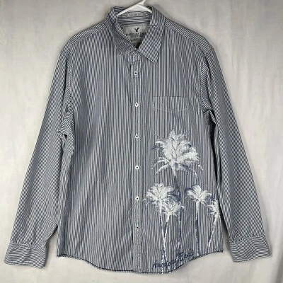 American Eagle Shirt Mens Sz L Palm Tree Button Up Blue Stripe Long Sleeve - Image 1 of 4