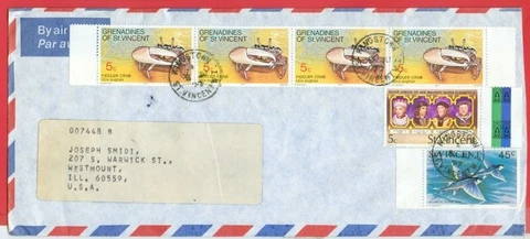 St Vincent Topic CRAB Strip of 4 ++ used on cover to USA Cover