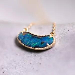 Minimalist Australian Boulder Opal Necklace 18K Yellow Gold - Picture 1 of 8