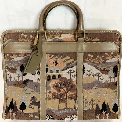 VTG French Luggage Countryside & Unicorn Leather Tapestry Briefcase Carry On Bag - Image 1 of 4