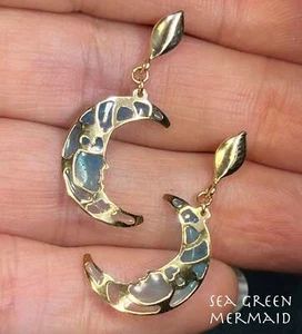 14k Gold Crescent Man in the Moon Blue "Stained Glass" Earrings - Picture 1 of 12