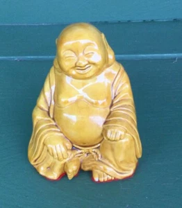 Ceramic Porcelain Laughing Buddha Statue Figurine Mustard Color 4in Tall LOOK - Picture 1 of 7