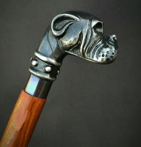 Bulldogge Hundekopf Griff Vintage Stil Holz Spazierstock braun Schaft viktorianisch - Bild 1 von 4