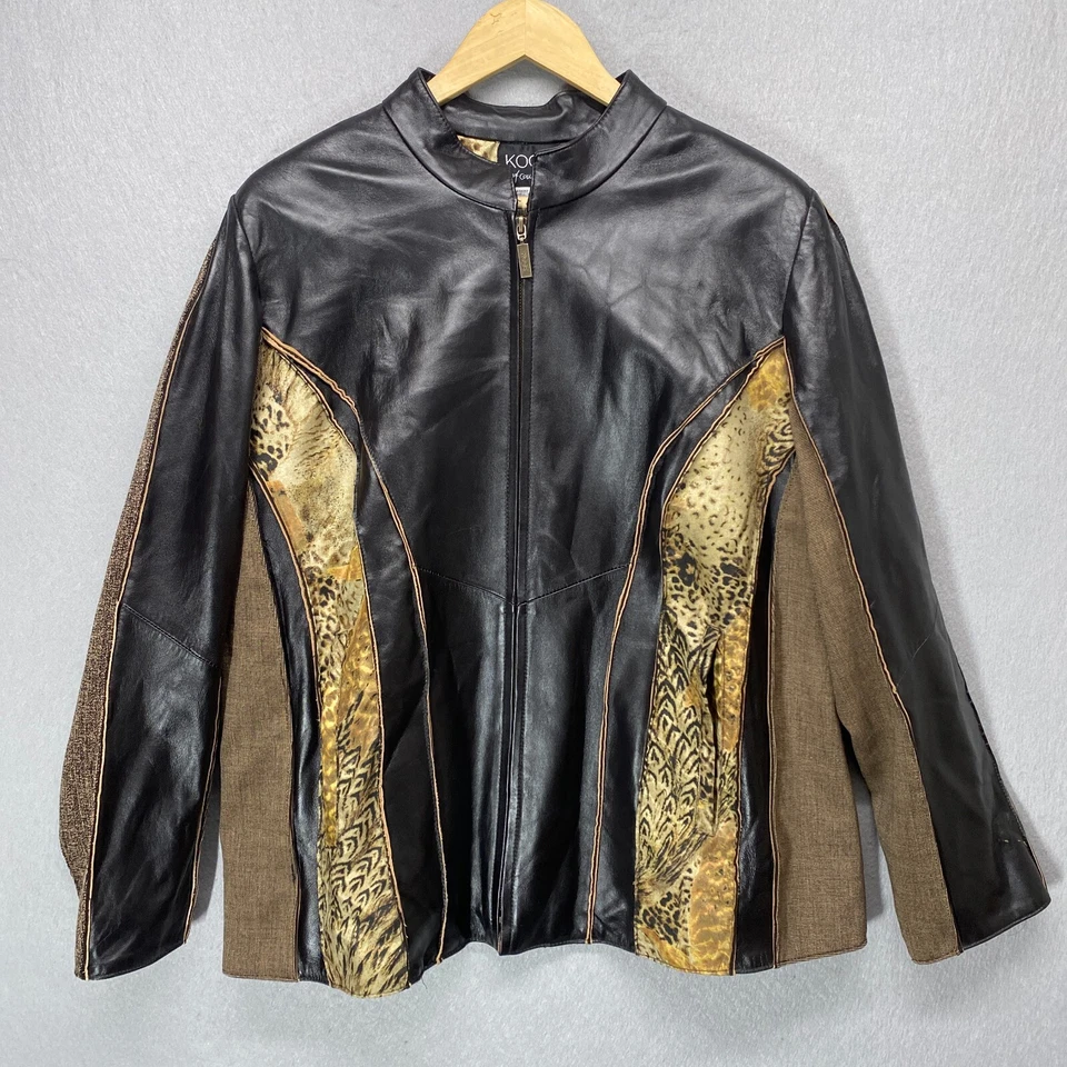 Vintage KOOS Jacket Womens 1X Leather Moto Tweed Animal Print Art Avant Garde - Image 1 of 4