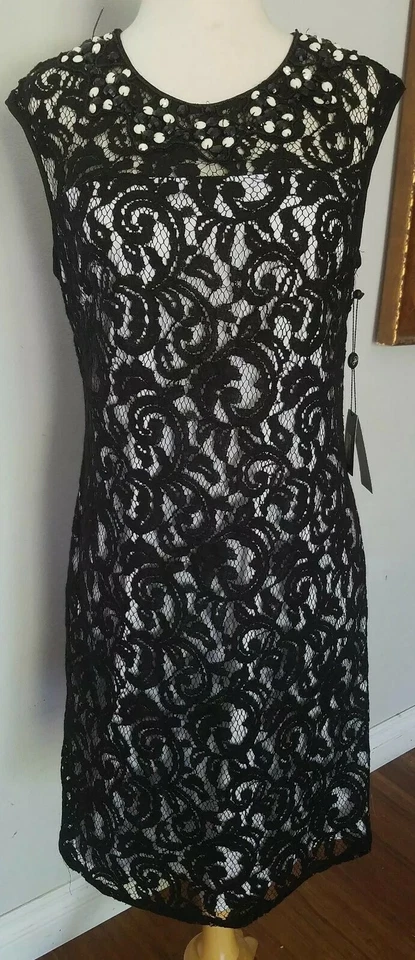 Женское черно-белое кружевное вечернее коктейльное платье выше колена Adrianna Papell размер 6  - Изображение 1 из 4