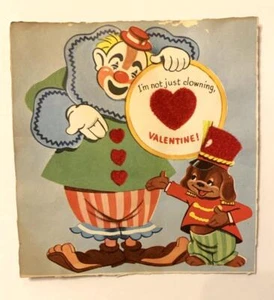 Vintage Clown with Dog Velvet Heart Valentine Card Rare - Picture 1 of 10