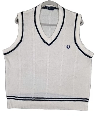 Fred Perry 运动装复古 Cable-Knit 网球背心白色带海军装饰男式 XL — 第 1/4 张图片