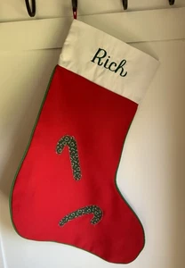 Vintage handgefertigter großer rot grün weißer Zuckerstange Monogramm "reich" Weihnachtsstrumpf - Bild 1 von 5