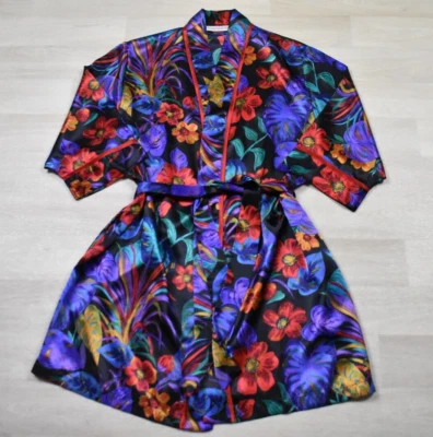 Lencería Años 80 Cacique Poliéster Satinado Bata Tropical Floral Satén Pequeña De Colección Foto 1 de 4