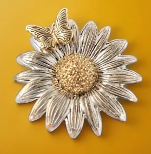 Signed Original Napier Brooch Pin Silver Gold Tone Daisy Flower W Butterfly 2 In - Picture 1 of 6