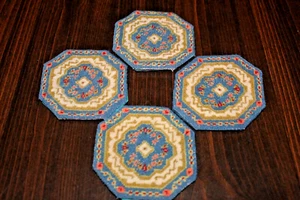 Set of 4 Handmade Crossstitch Coasters Blue, Cream and Floral Background 4" Hexa - Imagen 1 de 4