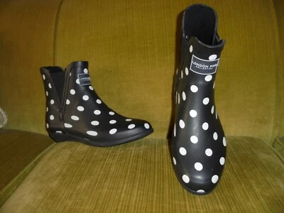 ~LONDON FOG~ Botas de Lluvia Piccadilly Goma Lunares Blancos y Negros Talla 8., ¡NUEVO! Foto 1 de 4