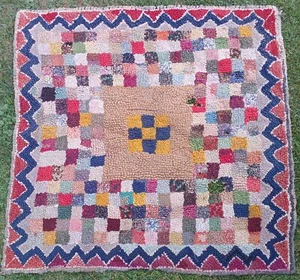 1930s 40" x 38" American Folk Art Hand Hooked Rug, Geometric Colorful Squares - Picture 1 of 10
