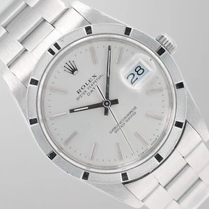 Rolex Men's Date 34mm Steel Silver Index Dial Engine-Turned Bezel Oyster 15010 - Picture 1 of 11