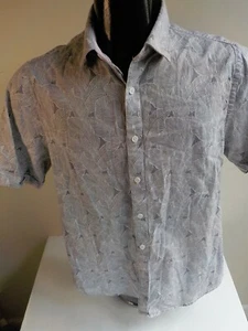 HOWE Short Sleeve Leaf Print Button Front Shirt Gray/White Cotton SZ M - Picture 1 of 4