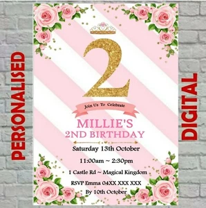 FLORAL PRINCESS TIARA pink DIGITAL PRINTABLE BIRTHDAY PARTY INVITATION - Picture 1 of 2