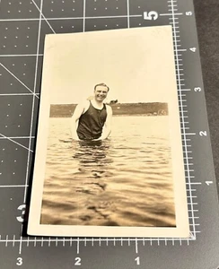 1930s Man Grabs Junk Crotch Swimsuit Bulge Antique Gay Int Snapshot PHOTO - Picture 1 of 3