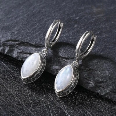 925 Sterling Silver Moonstone Gemstone Leverback Huggie Dangle Earrings - Image 1 of 4