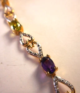 NEW Sterling Silver Part Gold Over Multi Gemstone Link Chain Bracelet 7" Safety - Picture 1 of 7