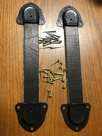 Antique Trunk Hardware--2 Black Leather Handles+ 4-Metal End Caps & Nails--Kit Cover