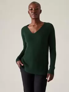 ATHLETA SMALL Hanover Refined V-Neck Sweater GREEN #882541 NEW - Picture 1 of 3