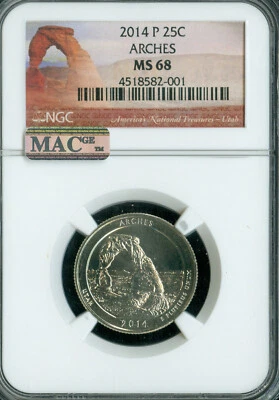 2014 P ARCHES QUARTER NGC MS68 PQ FINEST GRADE MAC SPOTLESS * - Image 1 of 2
