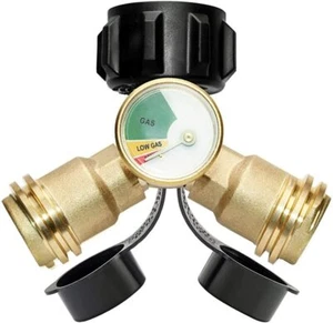 Propane Y Splitter Adapter with Gauge 2 Way LP Gas Adapter Tee Connector - Picture 1 of 8