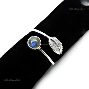 Rotondo Naturale Labradorite Argento Sterling Moglie Foglia Mix Anello Gioielli - Foto 1 di 9