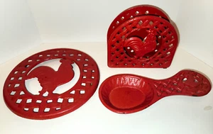 Vintage Cast Iron Red Rooster Trivet, Napkin Holder & Spoon Rest Enameled Heavy - Picture 1 of 12