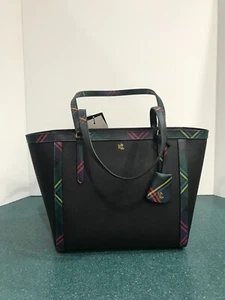 Lauren Ralph Lauren Crosshatch Leather Medium Clare Tote Black / Tartan $225  - Picture 1 of 7